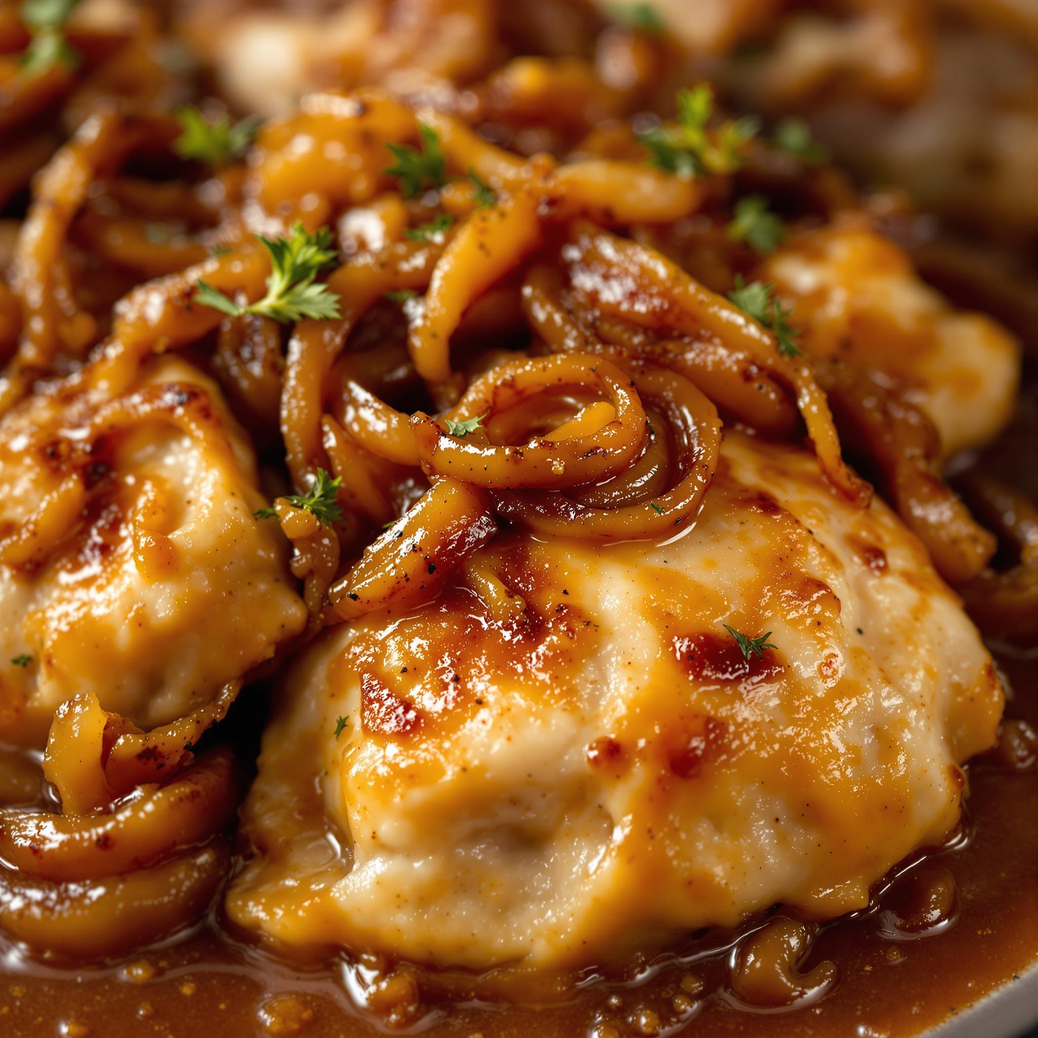 Pollo alla birra con cipolle caramellate