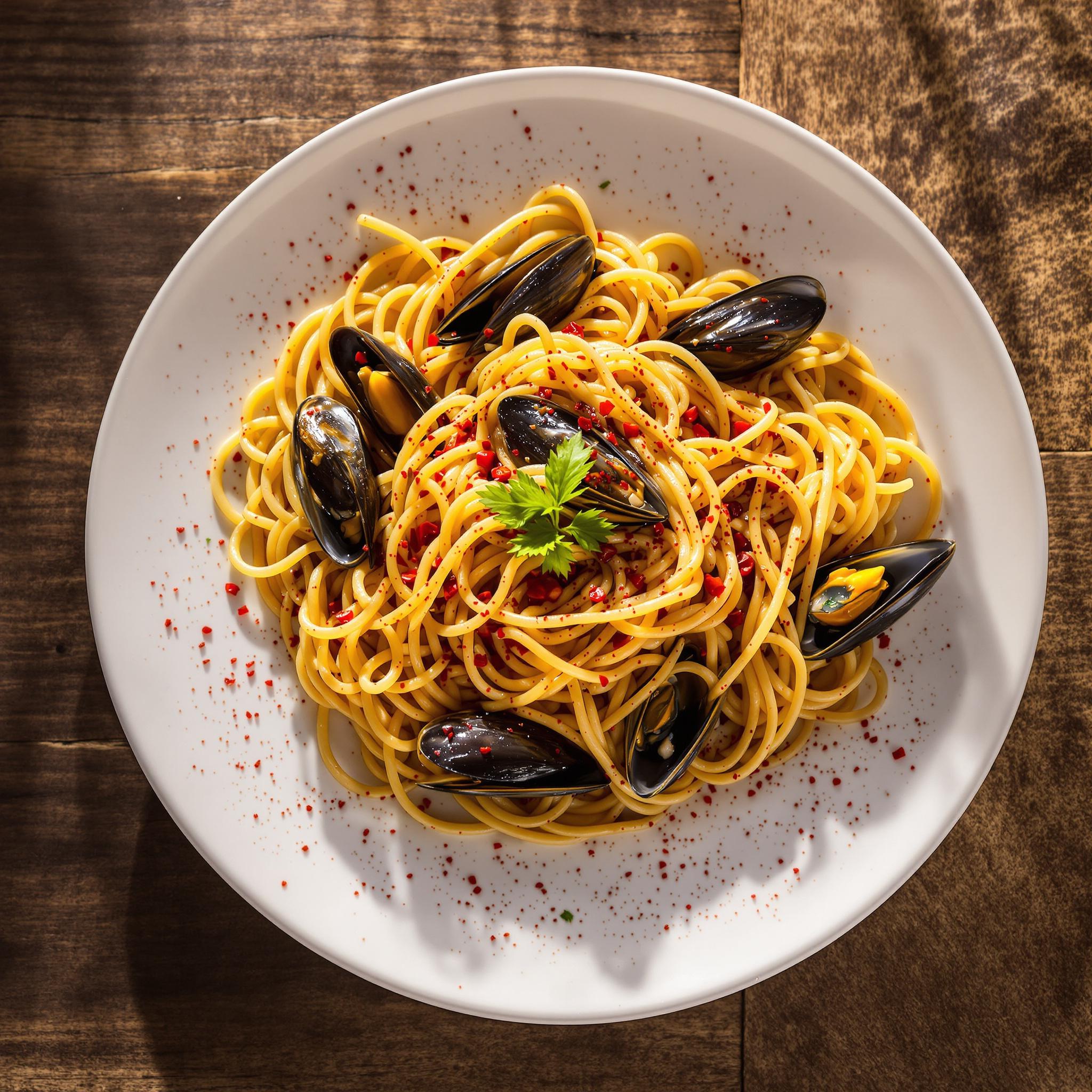 Spaghetti con cozze e peperoncino