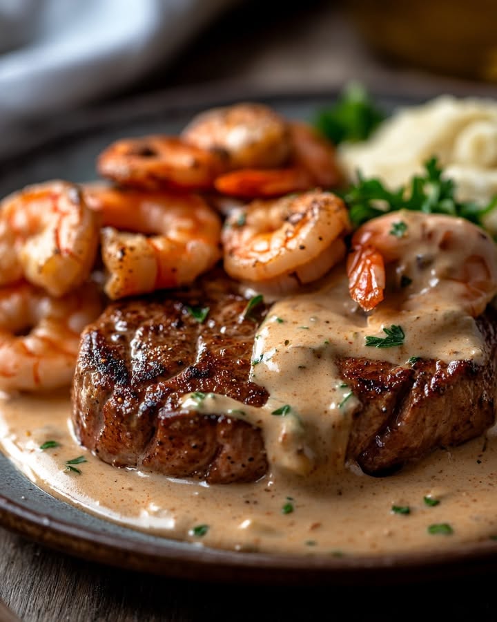 Steak con Gamberi Crema