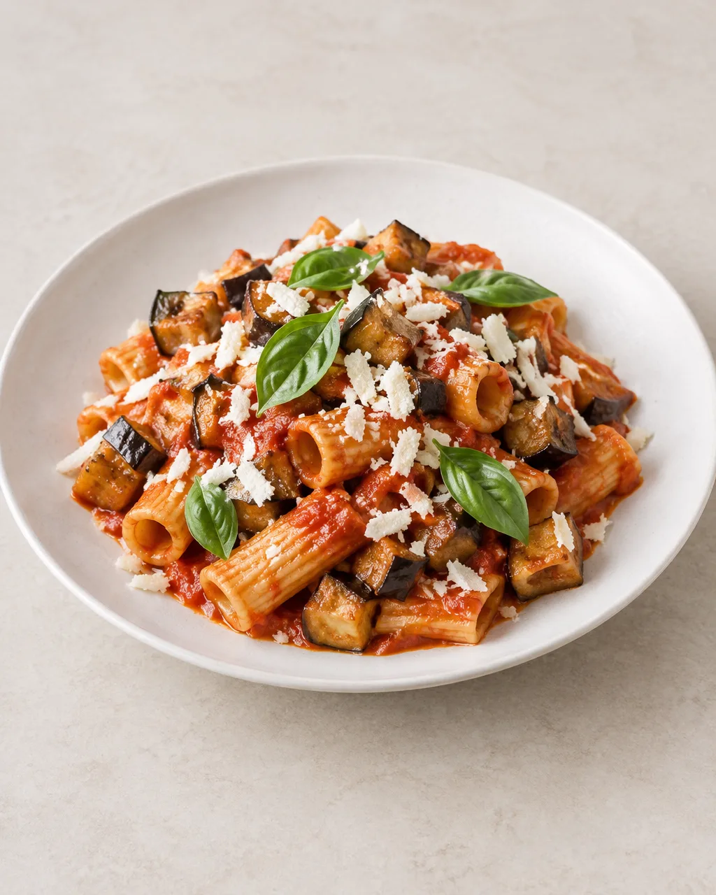 Pasta alla Norma con maccheroni al pomodoro, cubetti di melanzana dorati, ricotta salata e basilico.