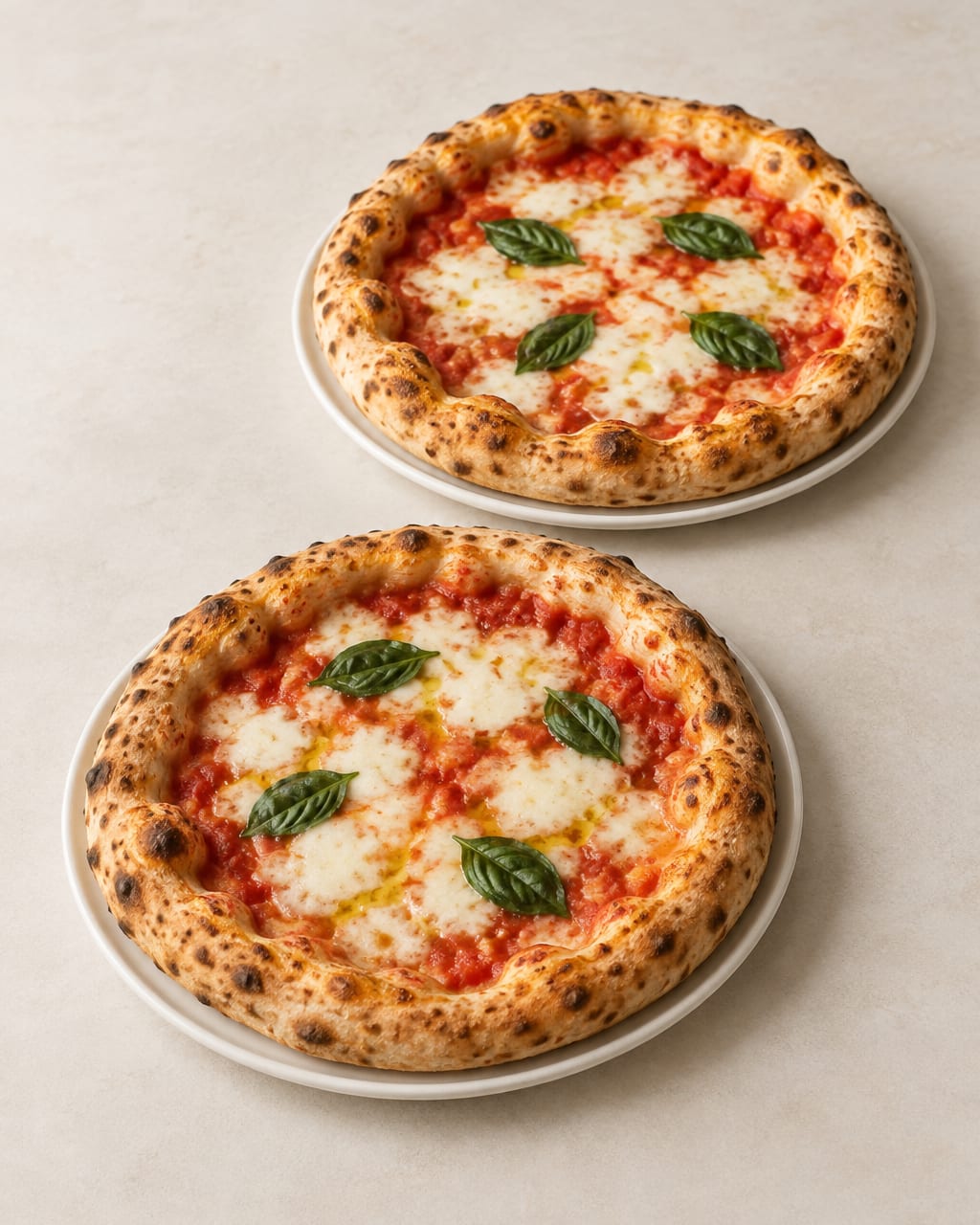 Due pizze napoletane Margherita con cornicione gonfio, pomodoro, mozzarella fusa e basilico fresco su piatti chiari.