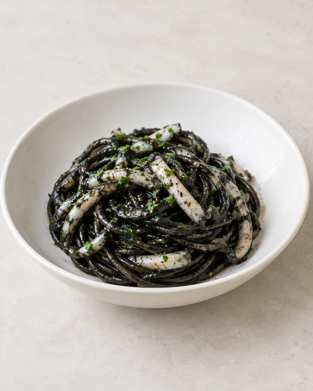 Un piatto fondo di spaghetti neri al nero di seppia con strisce di seppia e prezzemolo tritato.