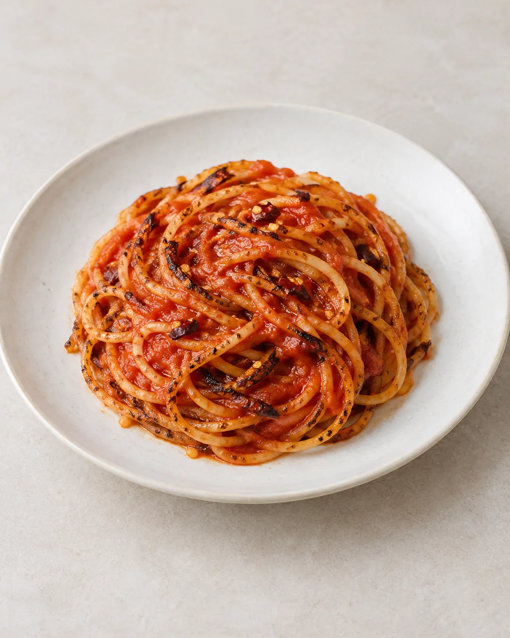 Spaghetti all’assassina serviti in un piatto, avvolti nel pomodoro con parti scure e croccanti.