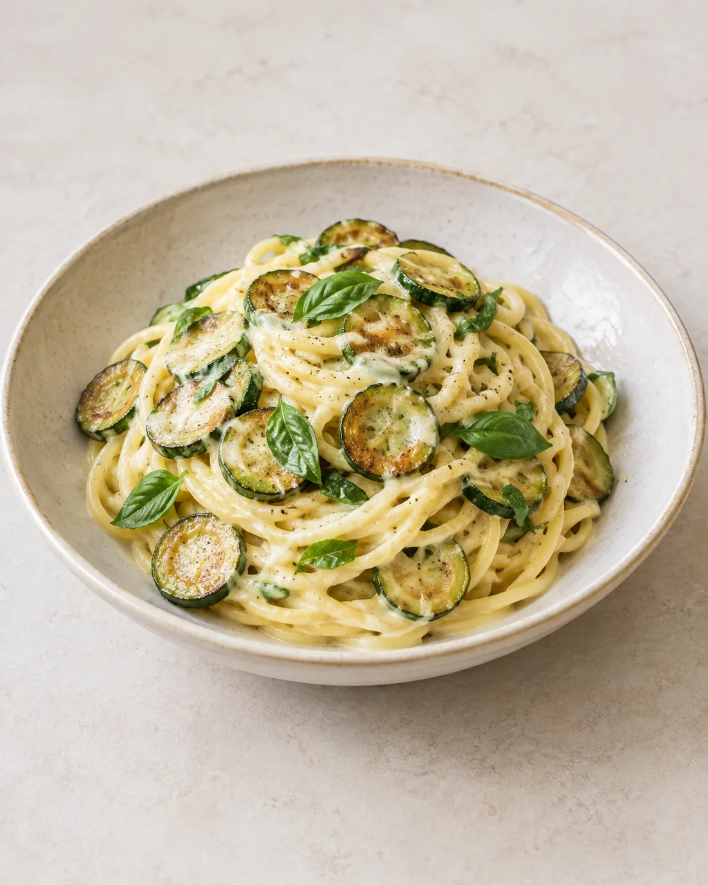 Piatto di spaghetti alla Nerano cremosi con rondelle di zucchina fritta e basilico.