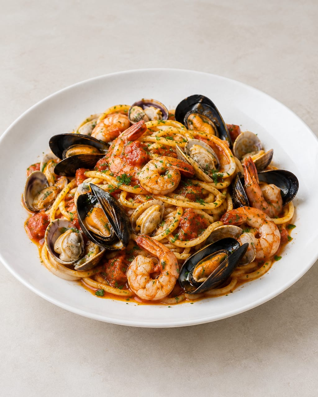 Spaghetti allo scoglio al pomodoro con gamberi, cozze, vongole e prezzemolo in un piatto piano.
