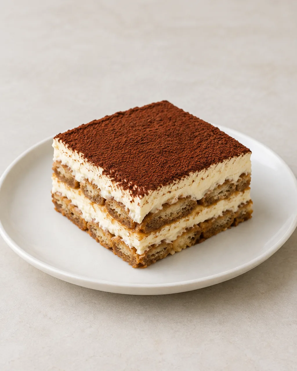 Una porzione di tiramisù senza uova con strati di savoiardi al caffè, crema al mascarpone e cacao amaro.